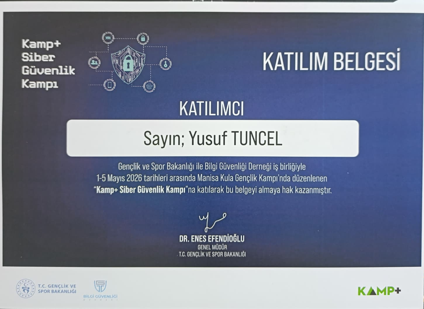 Yusuf Tuncel KAMP+ Siber Güvenlik Kampı katılım belgesi