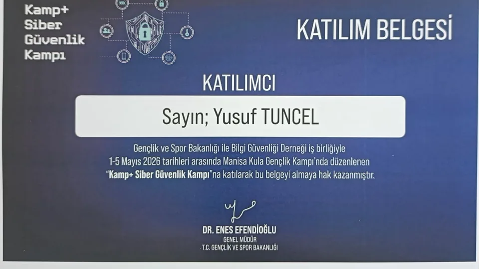 KAMP+ Siber Güvenlik Kampı katılım belgesi